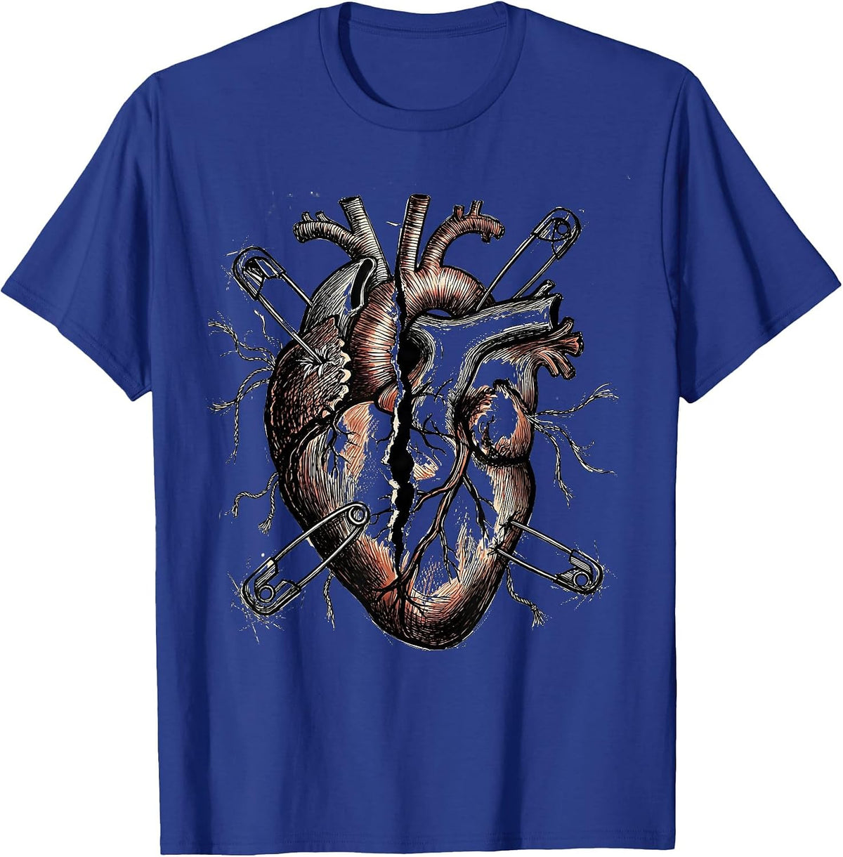 Grunge Safety Pin Torn Heart Illustration T-Shirt - Royal Blue