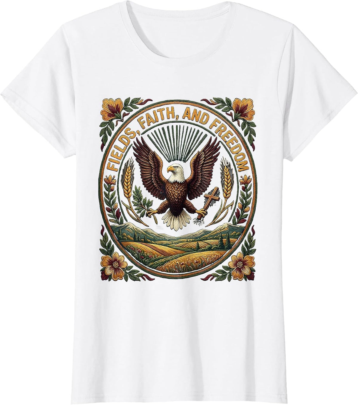 Women's Fields Faith and Freedom Patriotic Country Design T-Shirt - White