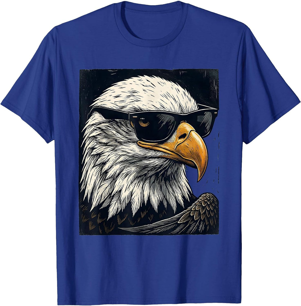 Bald Eagle Sunglasses Linocut Mascot Humor T-Shirt - Royal Blue