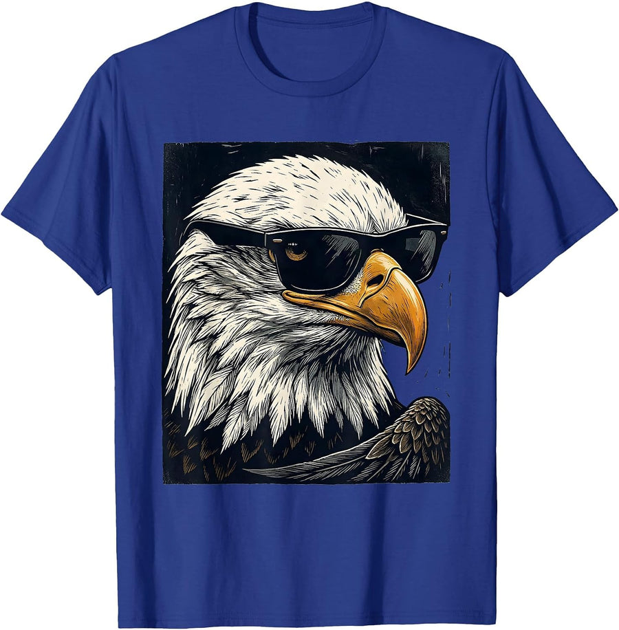 Bald Eagle Sunglasses Linocut Mascot Humor T-Shirt - Royal Blue