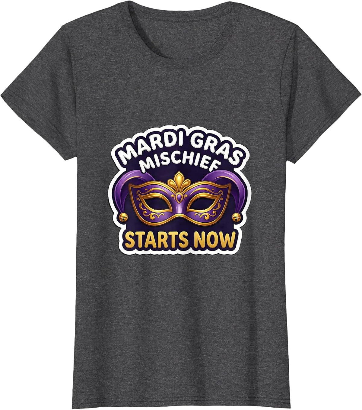 Women's Mardi Gras Mischief Starts Now Jester Mask Carnival Party T-Shirt - Dark Heather Grey