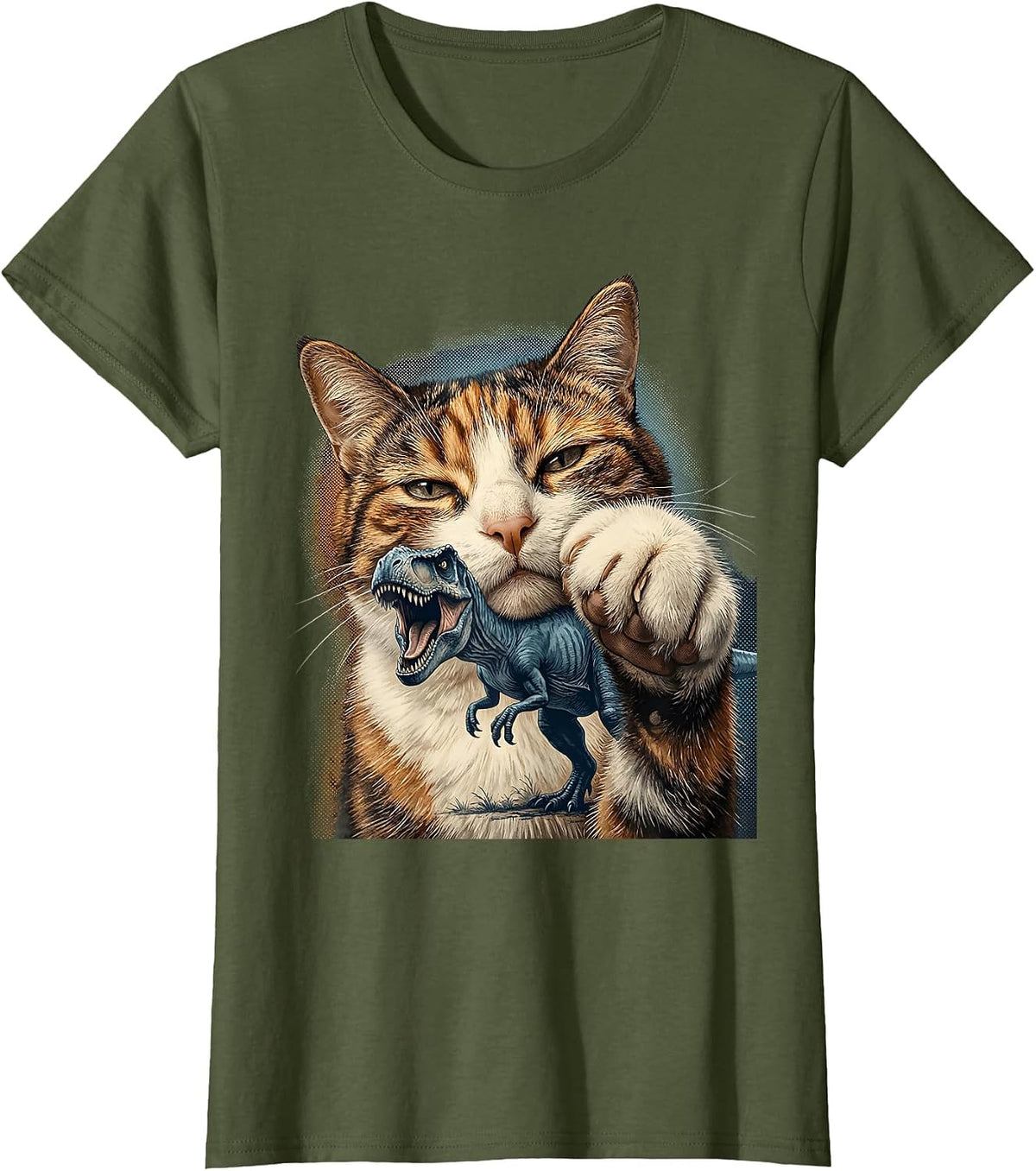 Women's Cat Selfie With T-Rex Dinosaur Funny Meme Cat Lover T-Shirt - Olive Green