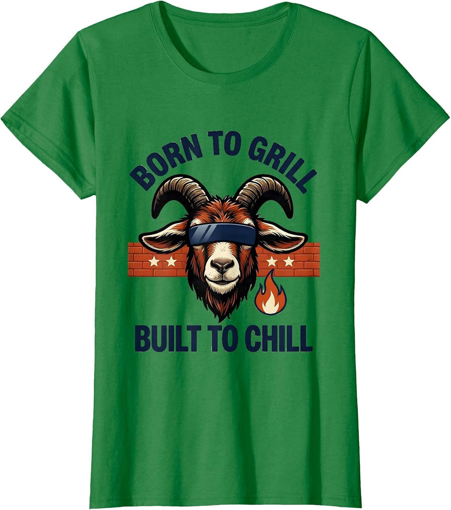 Women's Born To Grill, Built To Chill Funny Goat with Sunglasses T-Shirt - Kelly Green