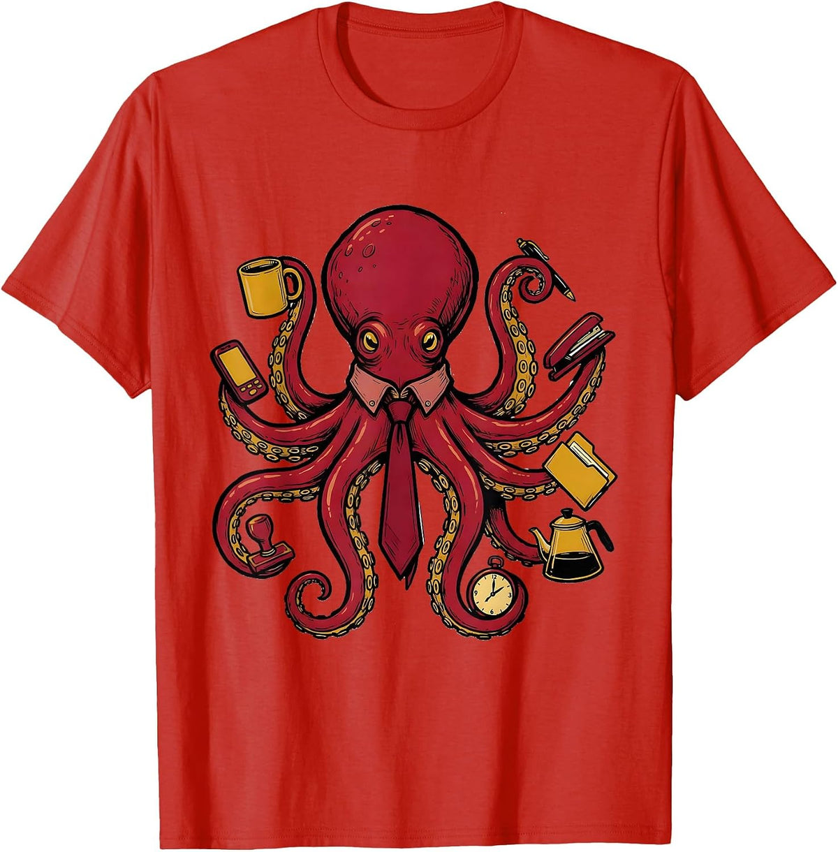 Men's Office Octopus Domed Mantle Marker Outline Vintage T-Shirt - Red