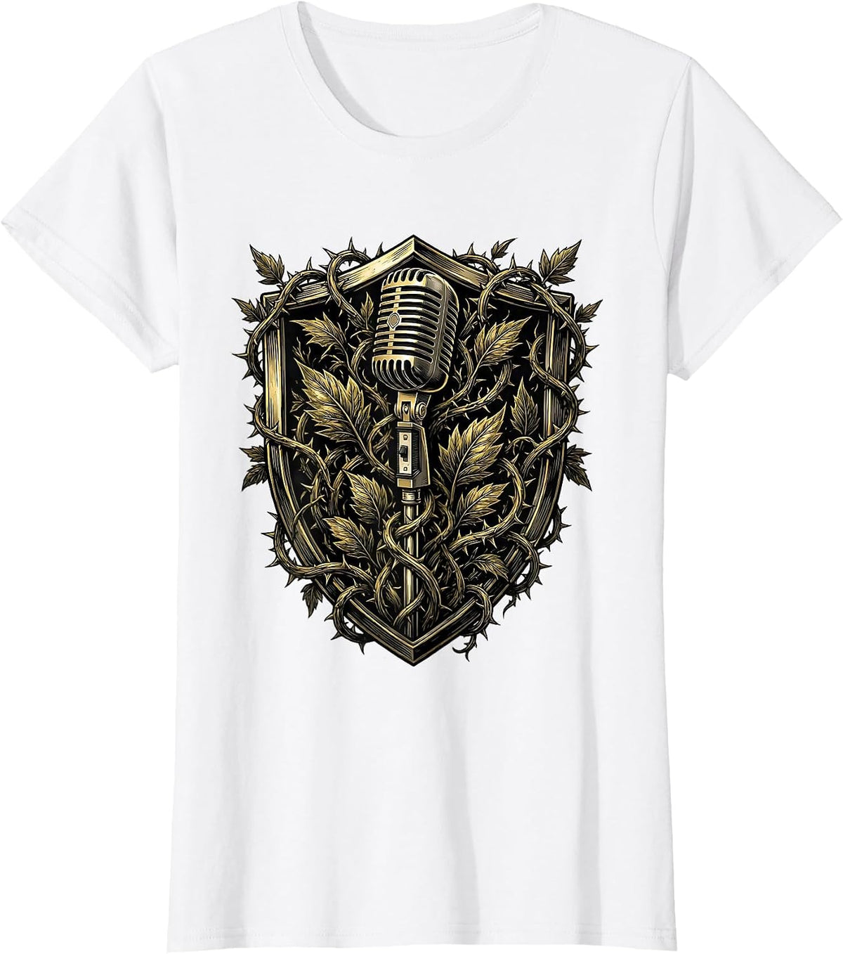 90s Rock Microphone Vines Dark Botanical Design T-Shirt - White