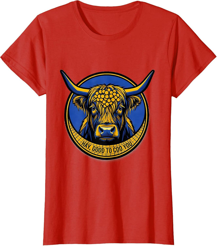 Women's Hay, Good To Coo You Geometric Highland Cow Whimsical Humor T-Shirt - Red