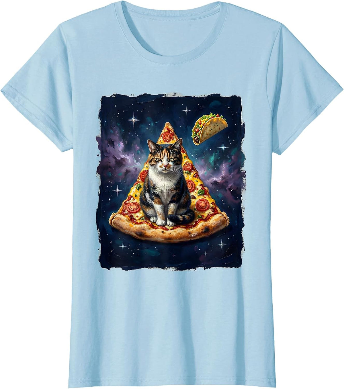 Deadpan Cat In Pizza Slice Space Meme Humor T-Shirt - Baby Blue