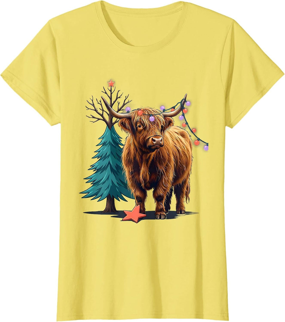 Women's Highland Cow Christmas Holiday Humor Funny Farm Animal T-Shirt - Lemon Yellow