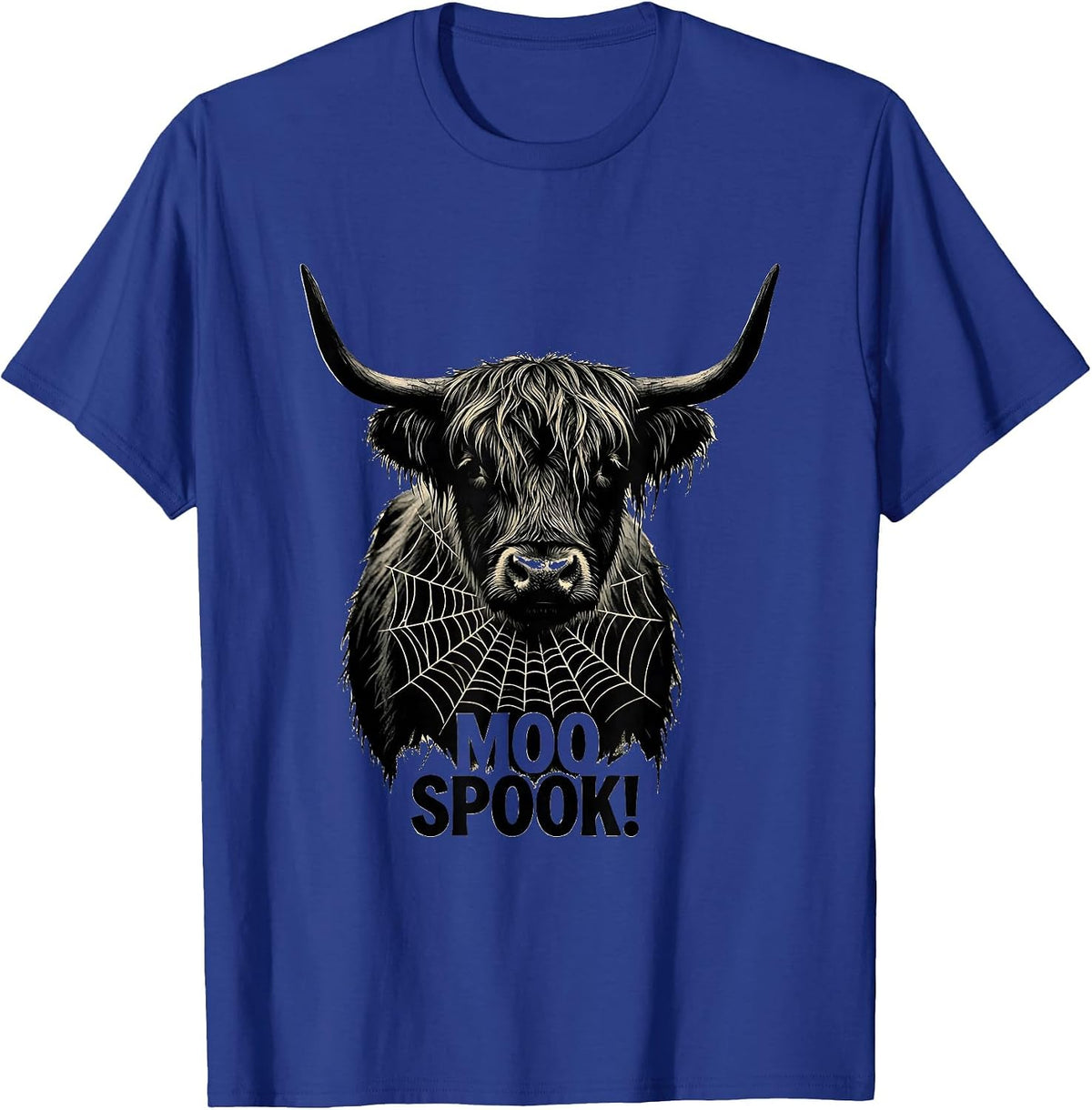 Moo Spook! Whimsical Highland Cow Halloween Humor Novelty T-Shirt - Royal Blue