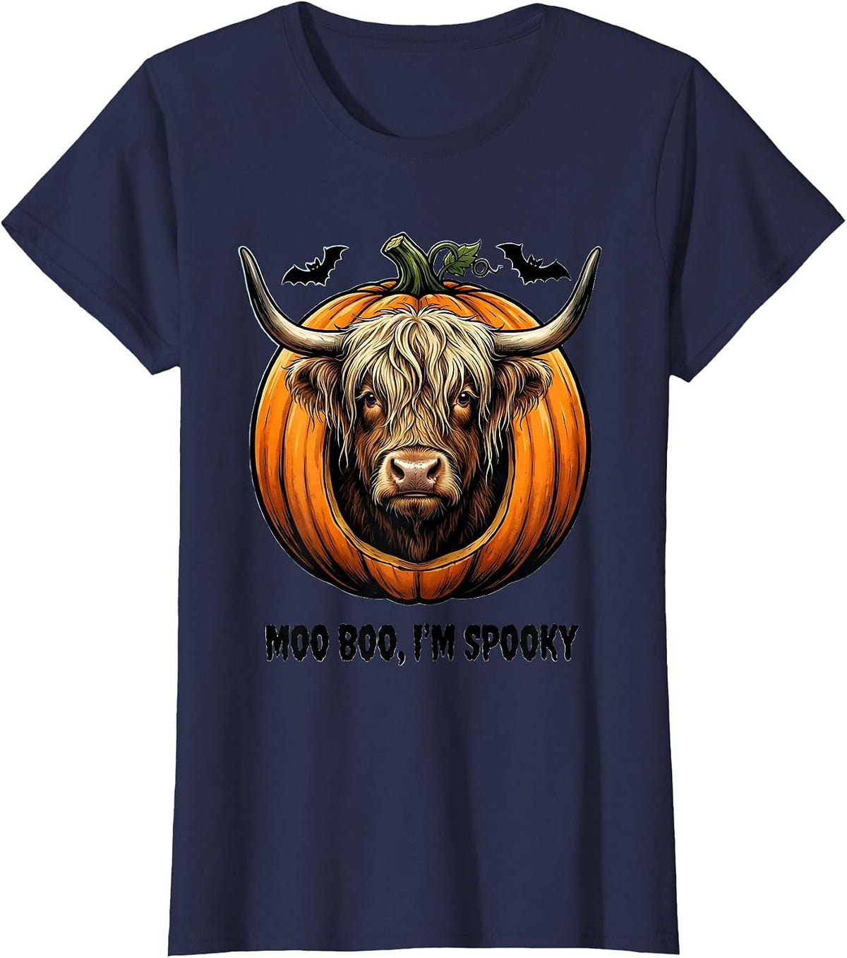 Women's Moo Boo, I’m Spooky Cartoon Highland Cow Halloween Costume T-Shirt - Navy Blue