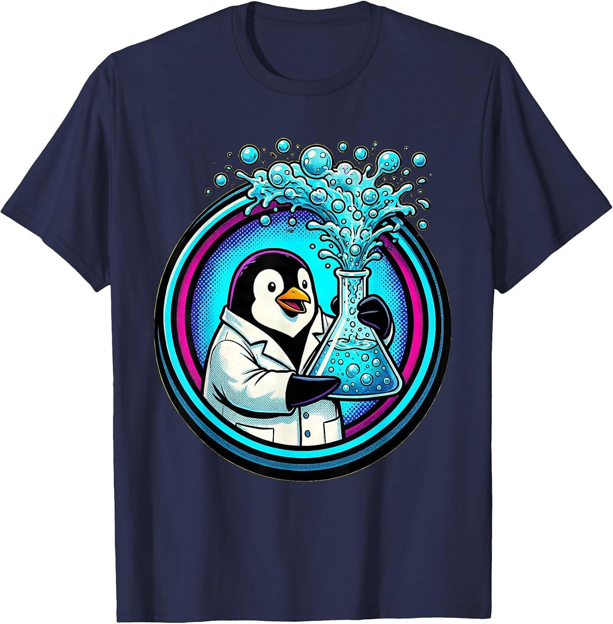 Penguin Scientist with Bubbling Laboratory Flask T-Shirt - Navy Blue