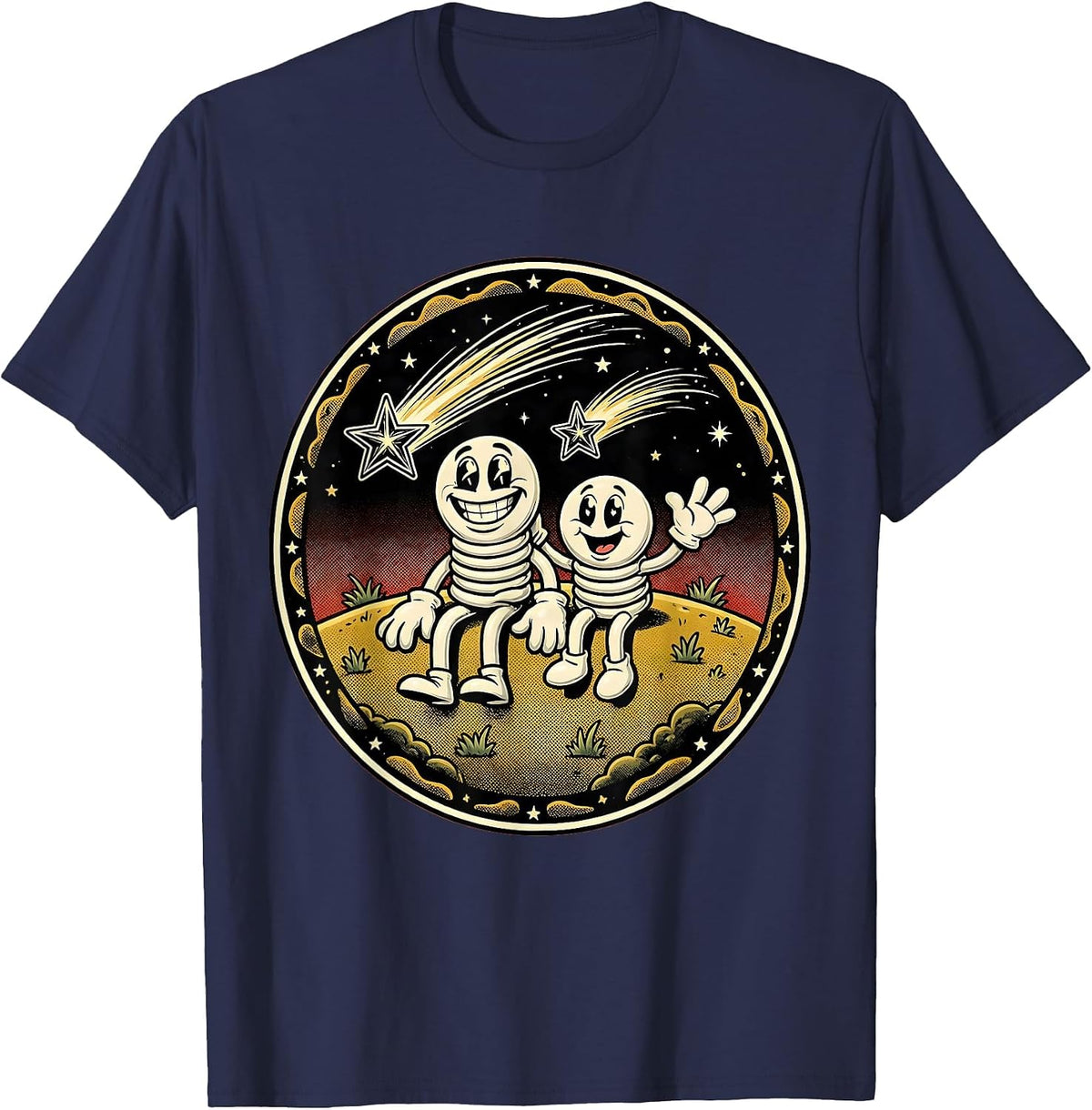 Couple Watching Shooting Stars Hilltop Meadow T-Shirt - Navy Blue