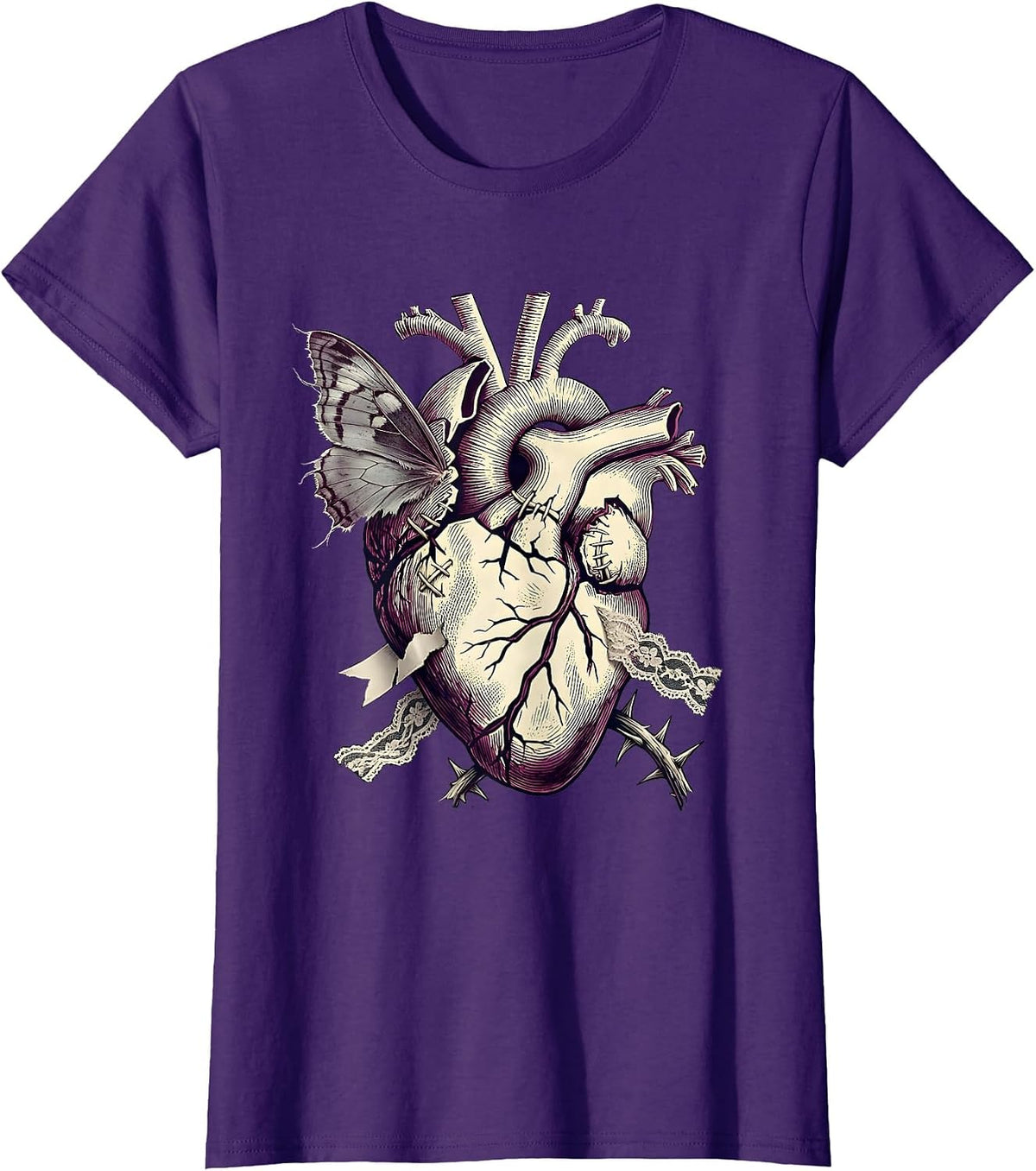 Women's Emo Broken Heart Stitched Together Graphic T-Shirt - Purple