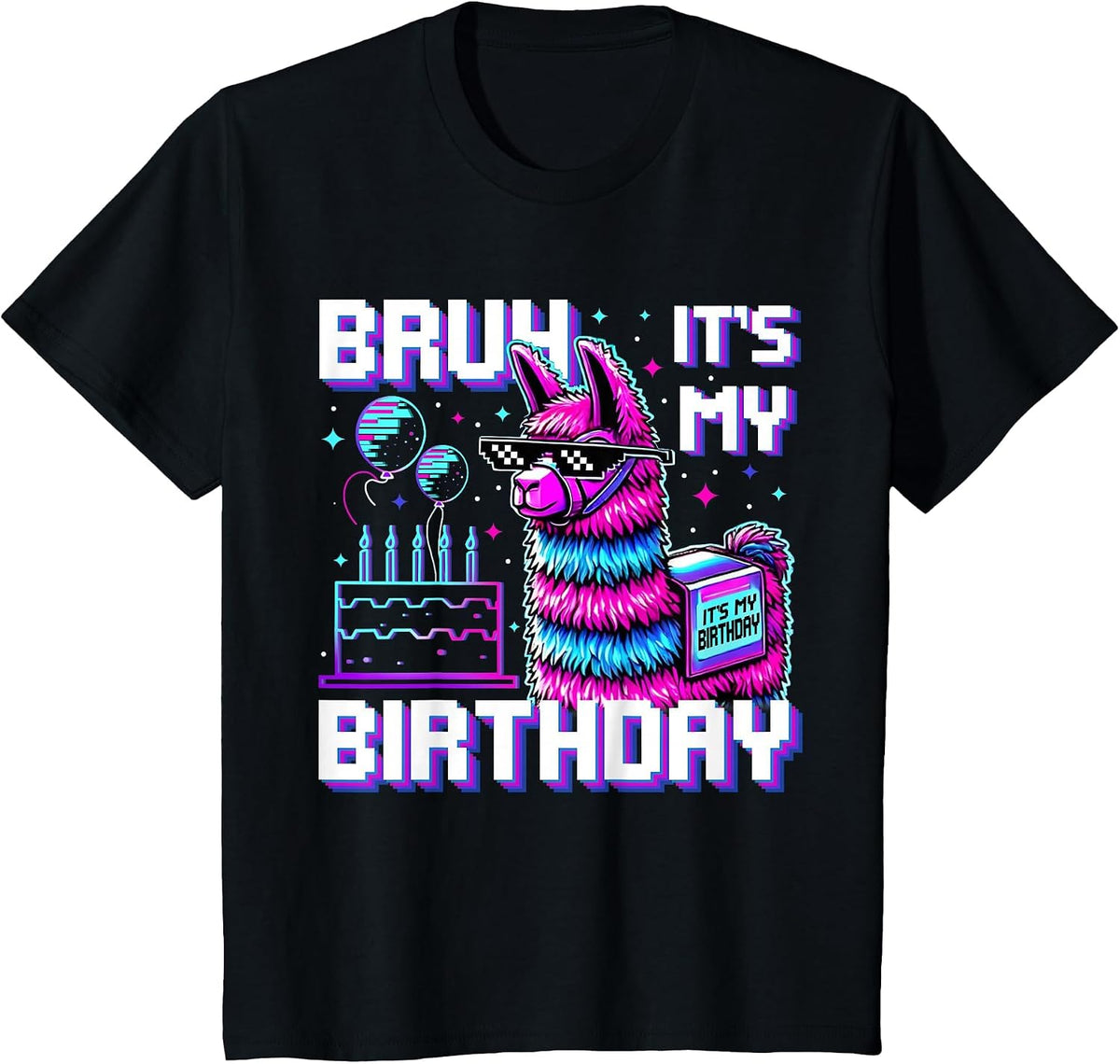 Bruh Its My Birthday Boys Girls Matching Funny Alpaca Theme T-Shirt - Black
