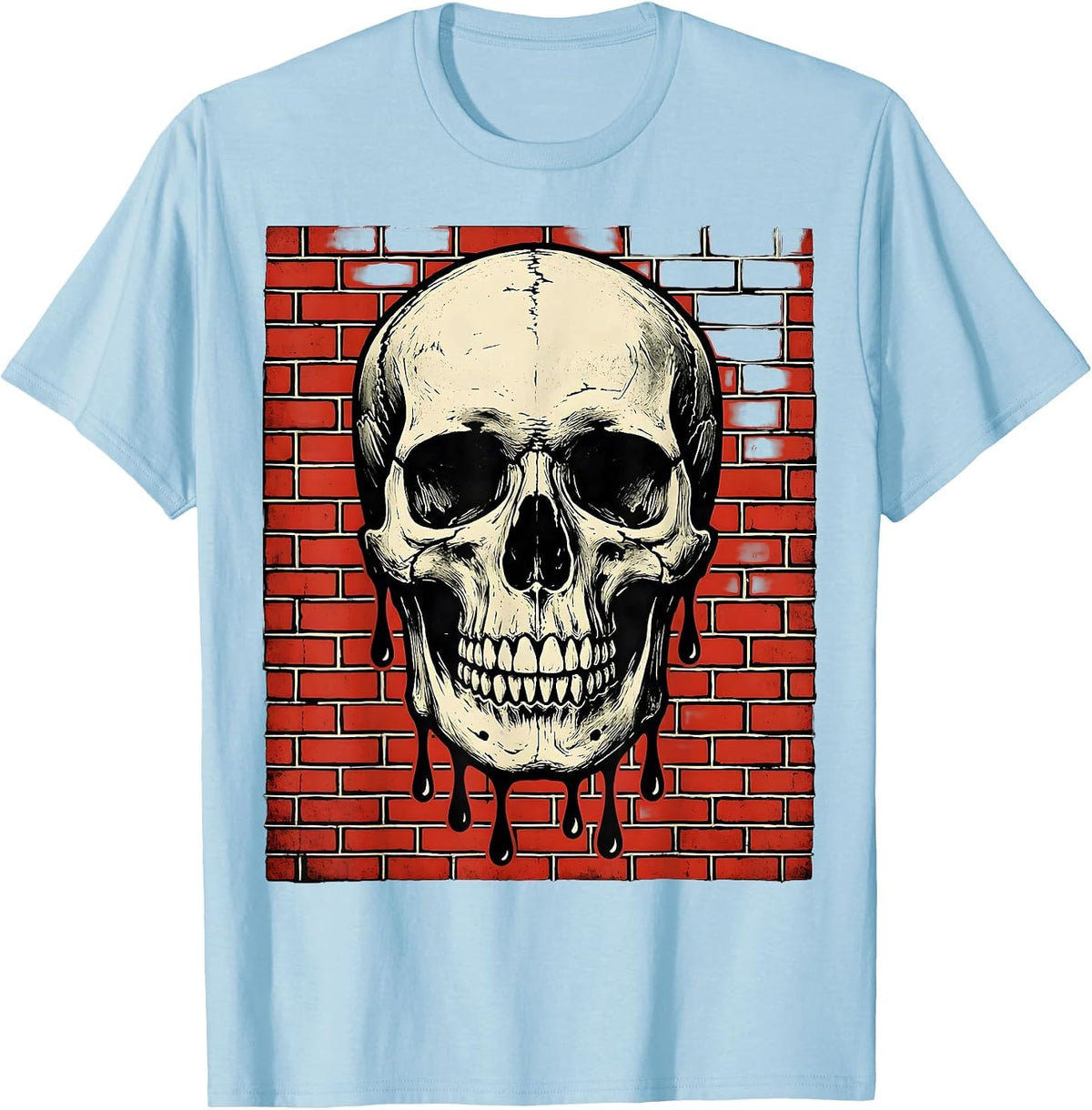 Men's Grunge Dripping Skull on Exposed Brick T-Shirt - Baby Blue