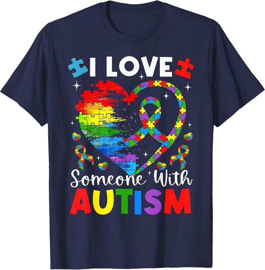 I Love Someone with Autism Heart Puzzle Ribbon Awareness T-Shirt - Navy Blue