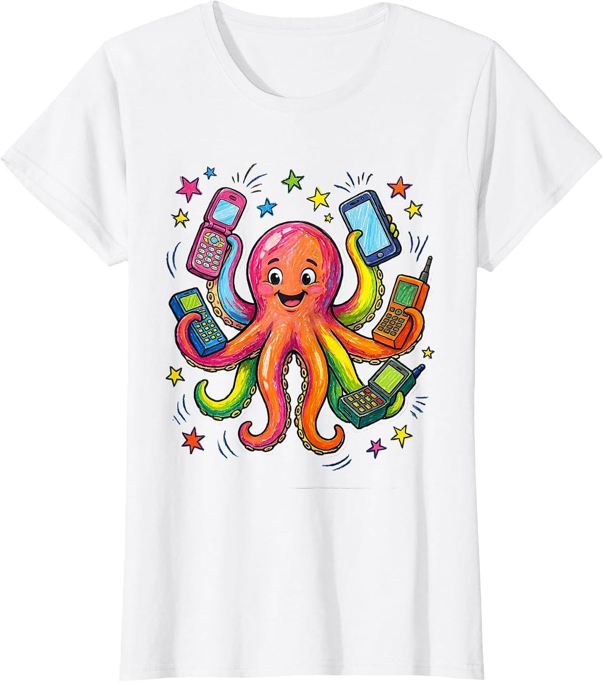 Women's Octopus Multitasking With Eight Phones Funny Art T-Shirt - White