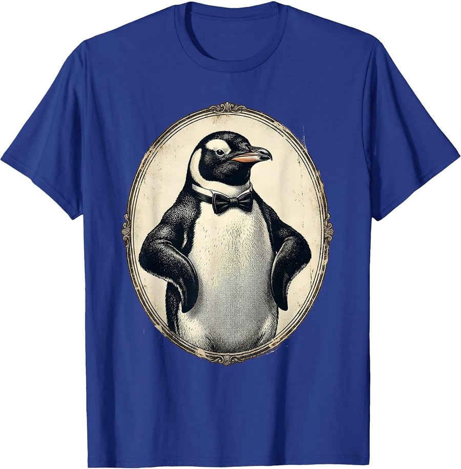 Dapper Penguin in Tuxedo Bowtie Illustration T-Shirt - Royal Blue