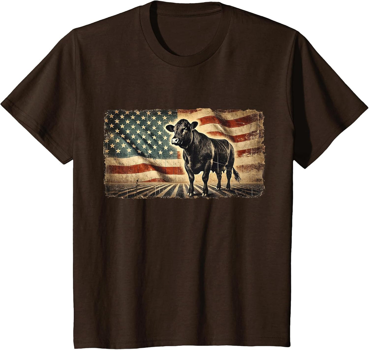 Angus Rancher USA American Flag Cow T-Shirt - Brown