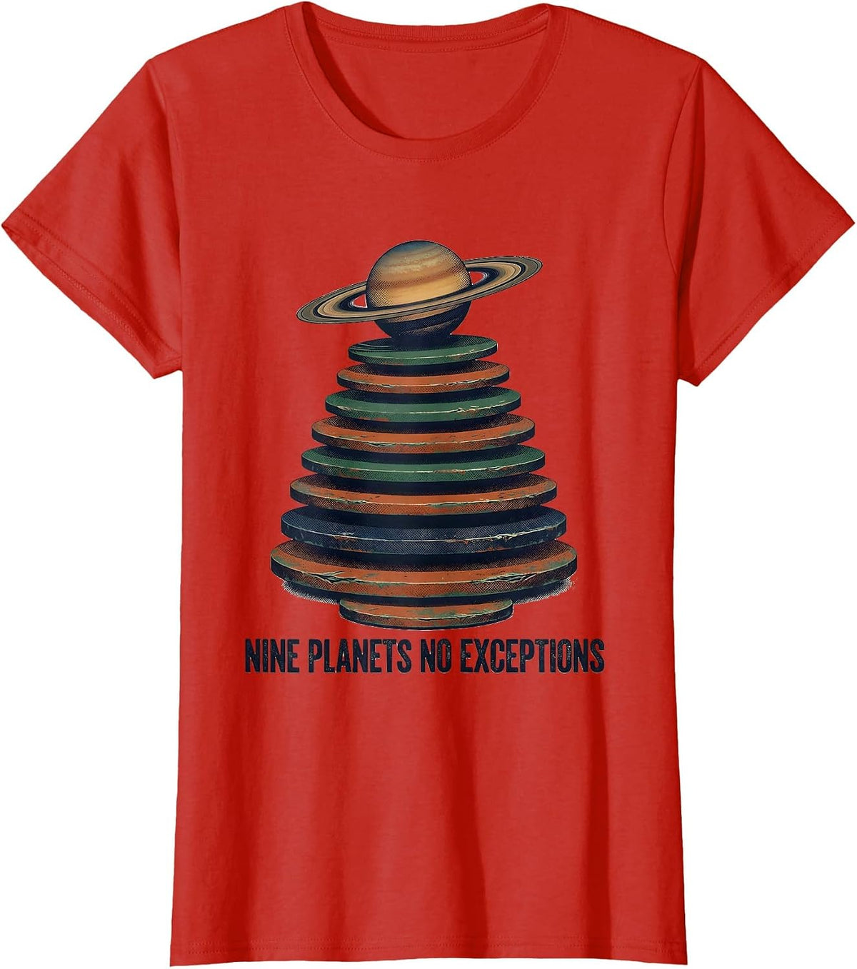 Nine Planets No Exceptions Vintage Retro Space Science T-Shirt - Red