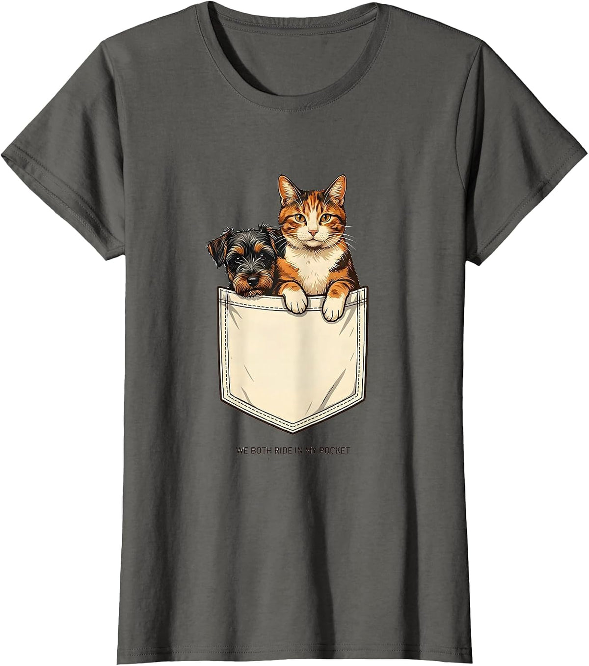 Women's We Both Ride In My Pocket Playful Cat And Dog Pet Lover Gift T-Shirt - Asphalt Grey