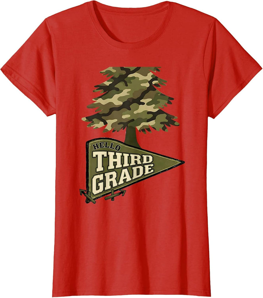 Women's Hello Third Grade Camo Third Grade Teacher Back To School T-Shirt - Red