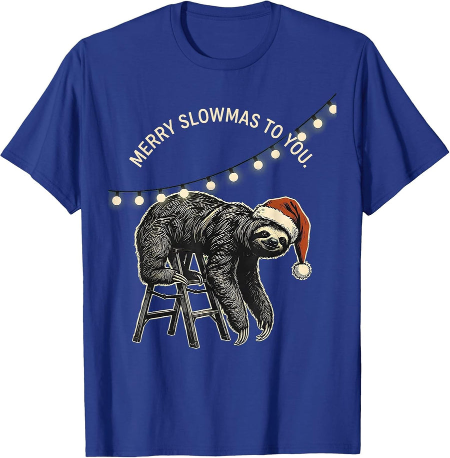 Merry Slowmas to You Funny Sloth Lover Christmas Lights T-Shirt - Royal Blue