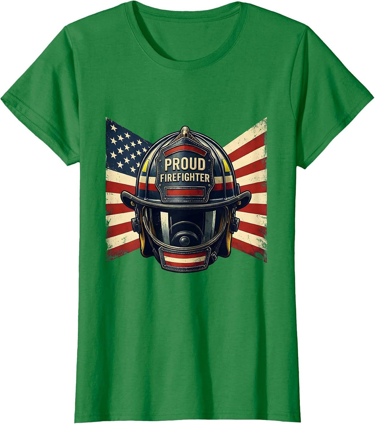 Women's Proud Firefighter Patriotic Fireman American Flag Occupation T-Shirt - Kelly Green