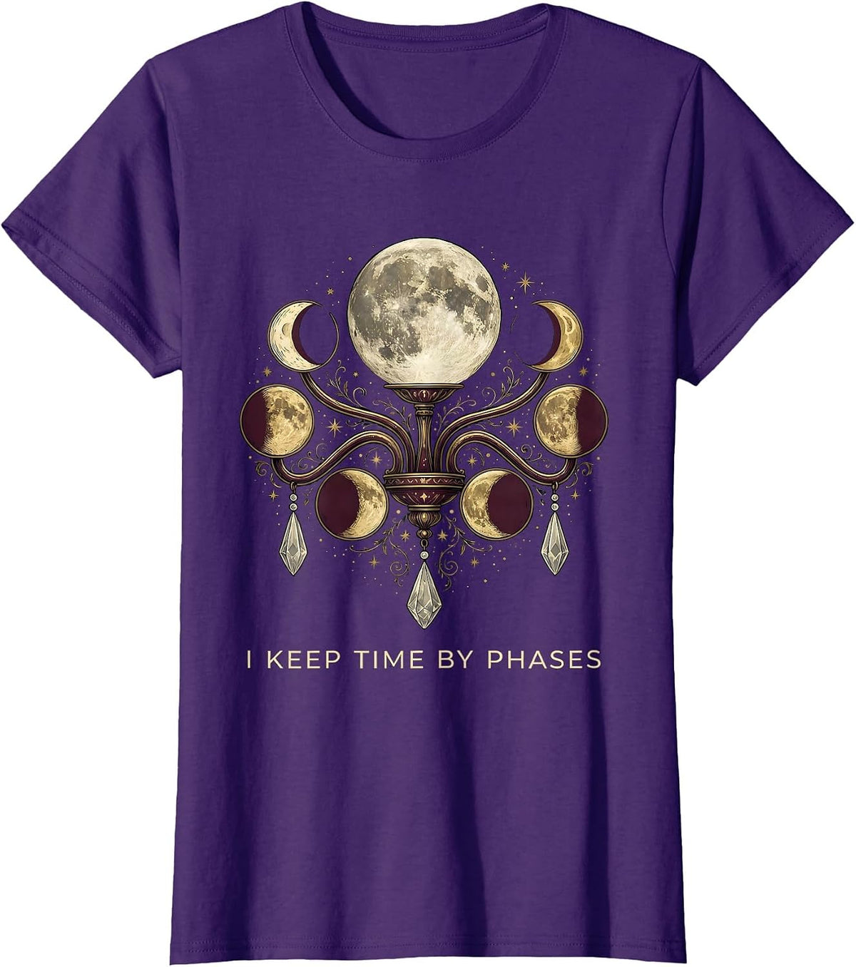 Women's I Keep Time By Phases Whimsigoth Celestial Moon Phase T-Shirt - Purple
