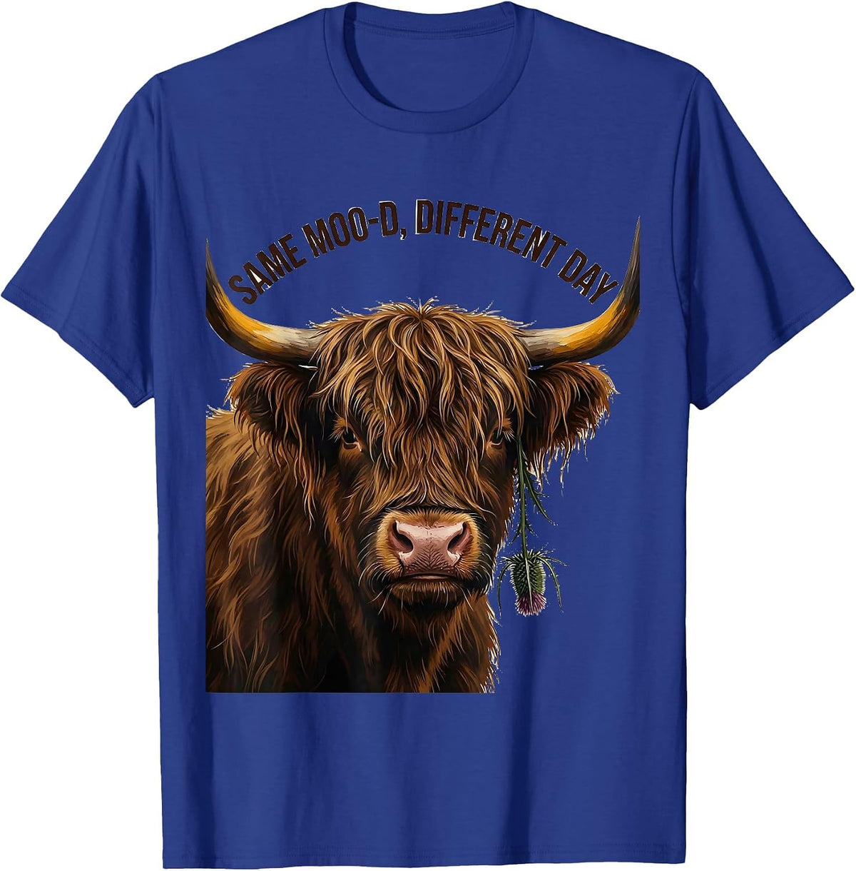Men's Same Moo-D, Different Day Funny Highland Cow Farm Animal T-Shirt - Royal Blue