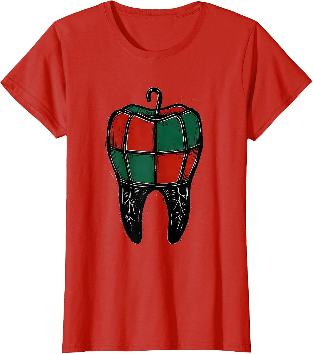 Twin Root Molar Christmas Lantern Linocut Dentist Humor T-Shirt - Red