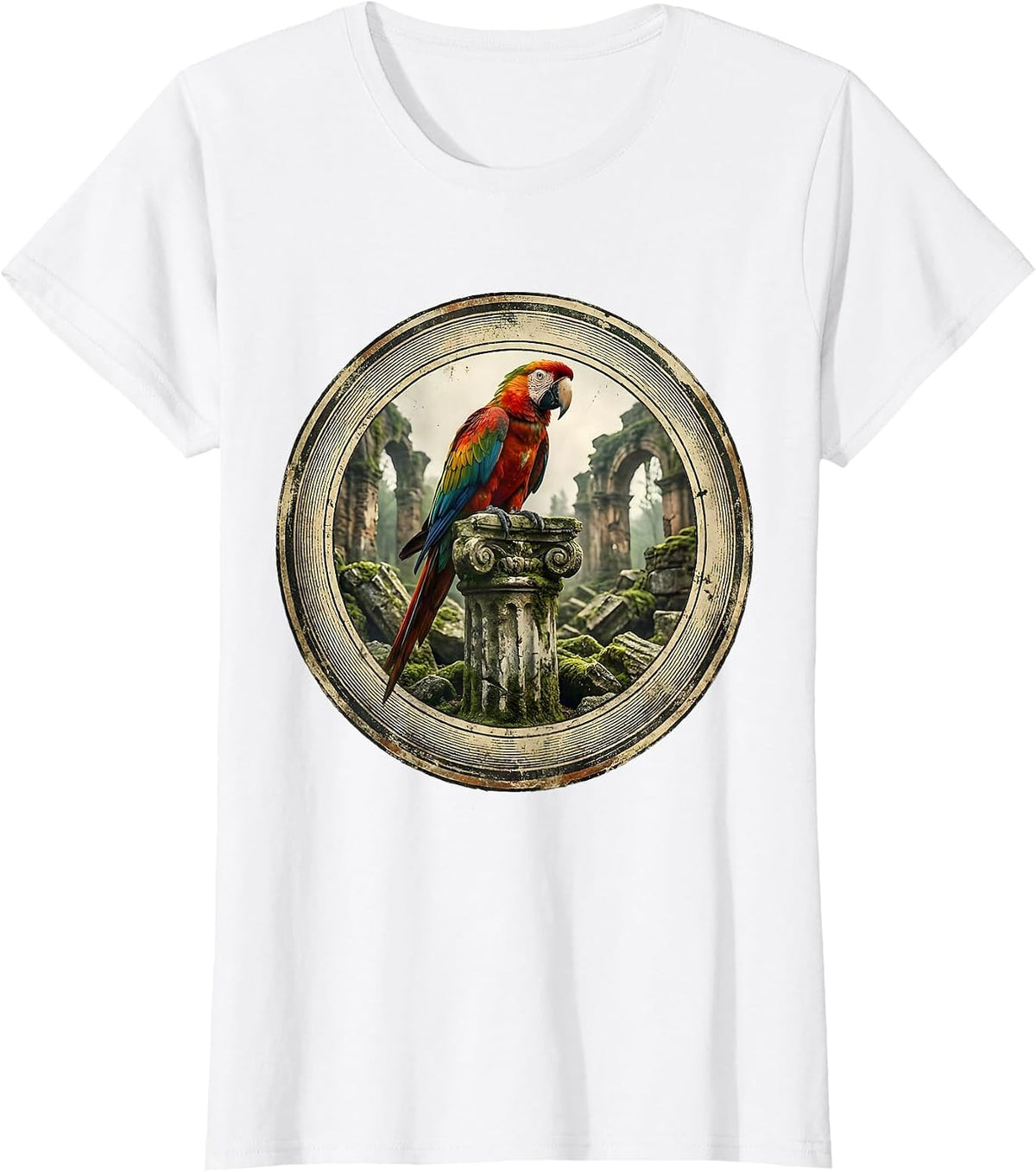 Women's Parakeet on Stone Ruins Graphic Design T-Shirt - White
