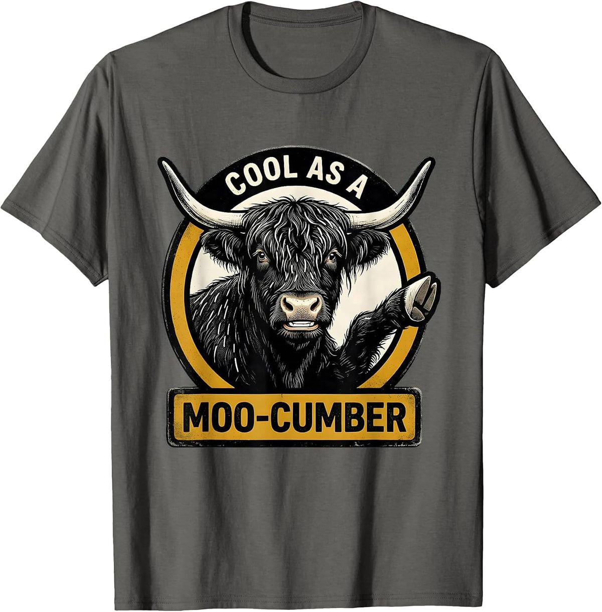 Men's Cool As A Moo-cumber Retro Cartoon Highland Cow Humor T-Shirt - Asphalt Grey