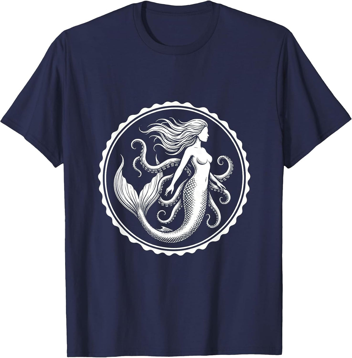 Men's Mermaid and Octopus Deep Sea Illustration T-Shirt - Navy Blue