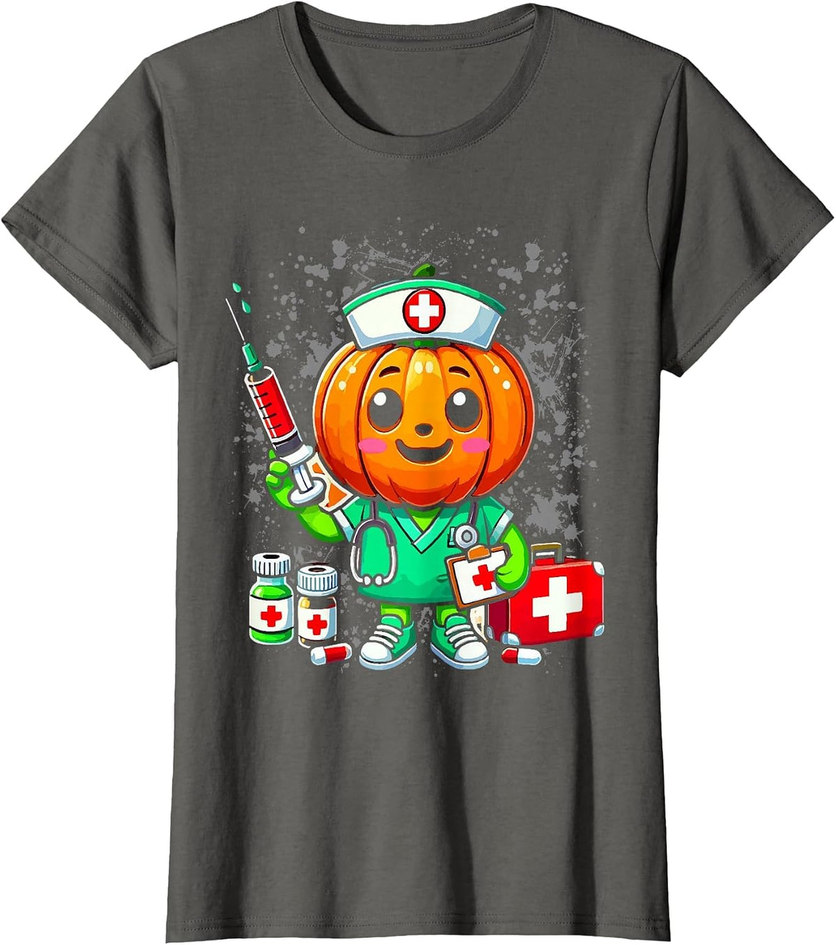 Halloween Nurse Pumpkin Nursing Scrub Top Costume Women Men T-Shirt - Asphalt Grey