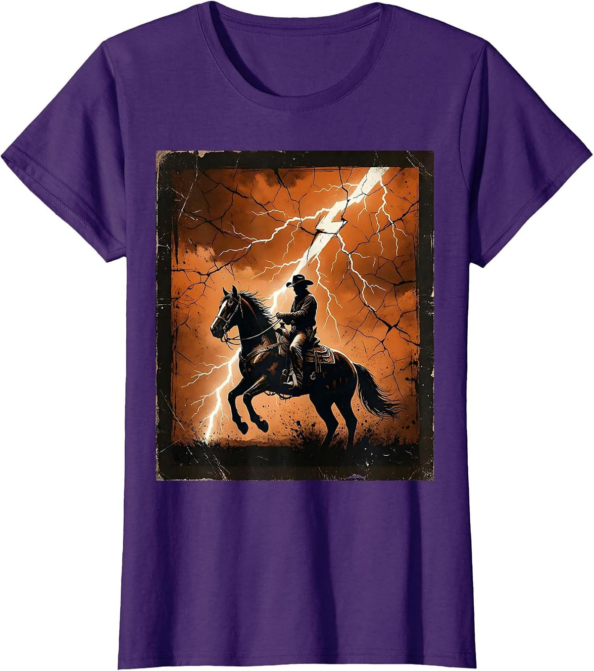 Women's Cowboy Riding Horse Through Lightning Storm T-Shirt - Purple