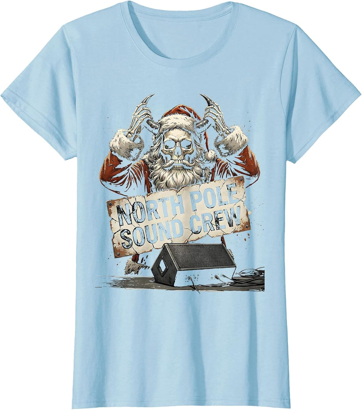 Women's North Pole Sound Crew Distressed Heavy Metal Santa Parody T-Shirt - Baby Blue