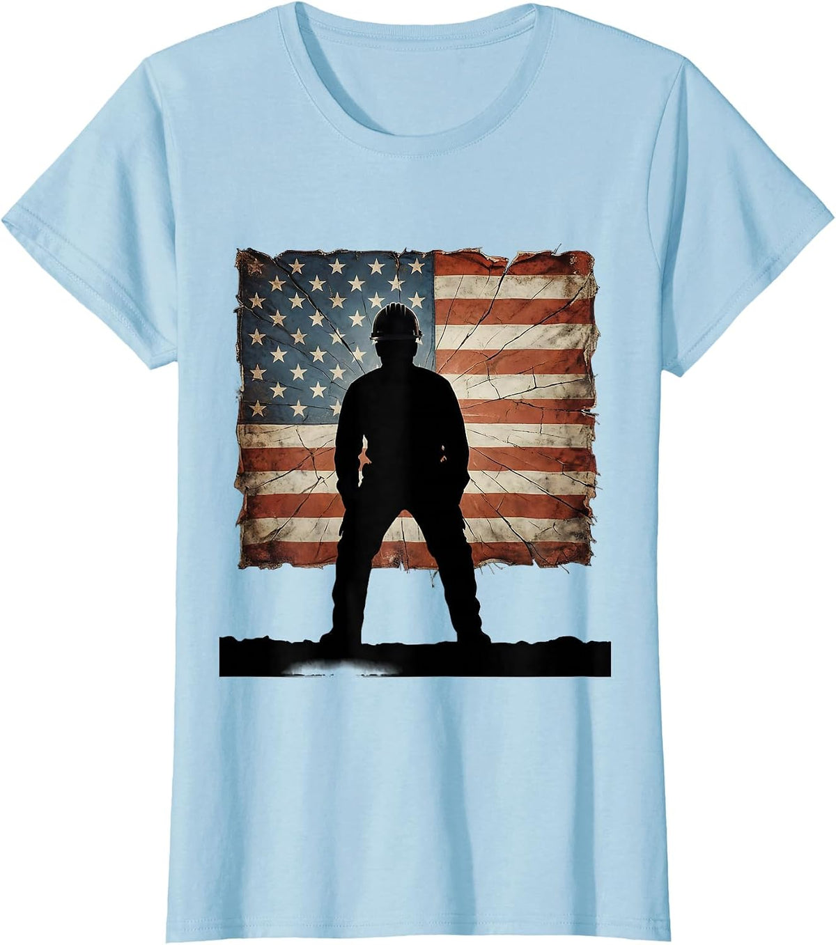 Construction Worker Hard Hat American Flag Patch T-Shirt - Baby Blue