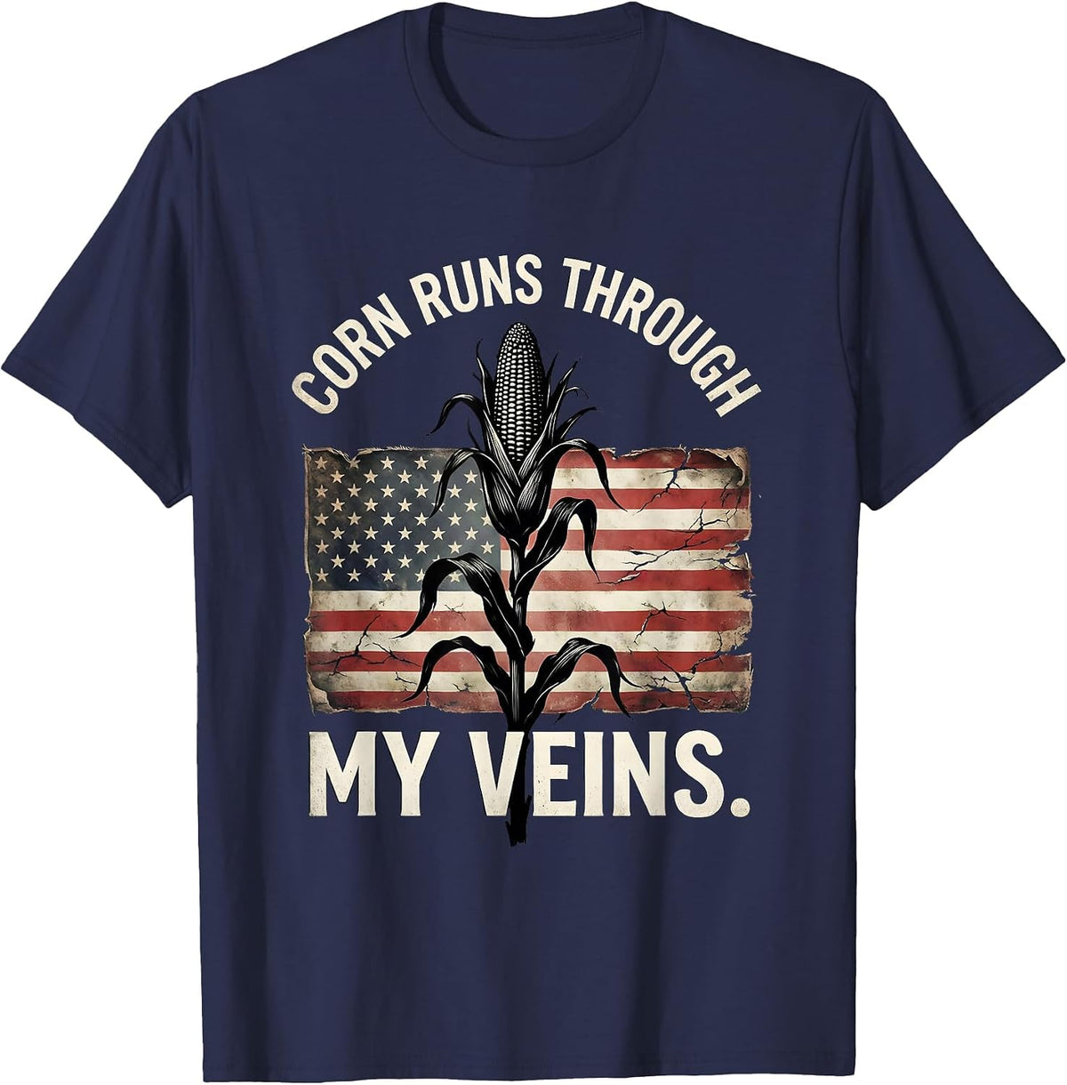 Men's Corn Runs Through My Veins Funny Corn Design T-Shirt - Navy Blue