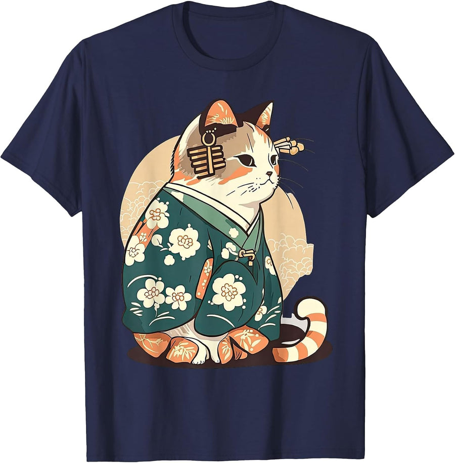 Cute Kawaii Calico Cat in Japanese Clothes a Calico Critters T-Shirt - Navy Blue