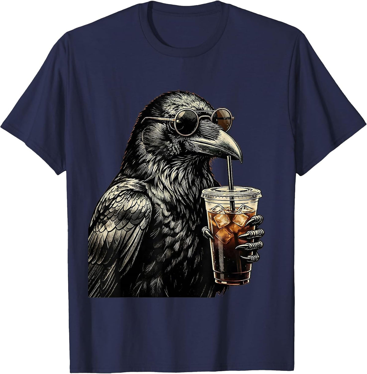 Men's Cool Crow in Sunglasses Drinking Iced Coffee T-Shirt - Navy Blue