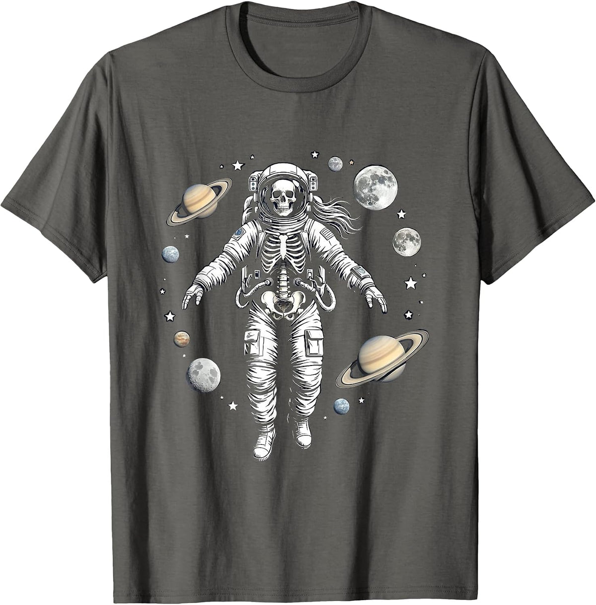 Men's Skeleton Astronaut Floating Among the Planets T-Shirt - Asphalt Grey