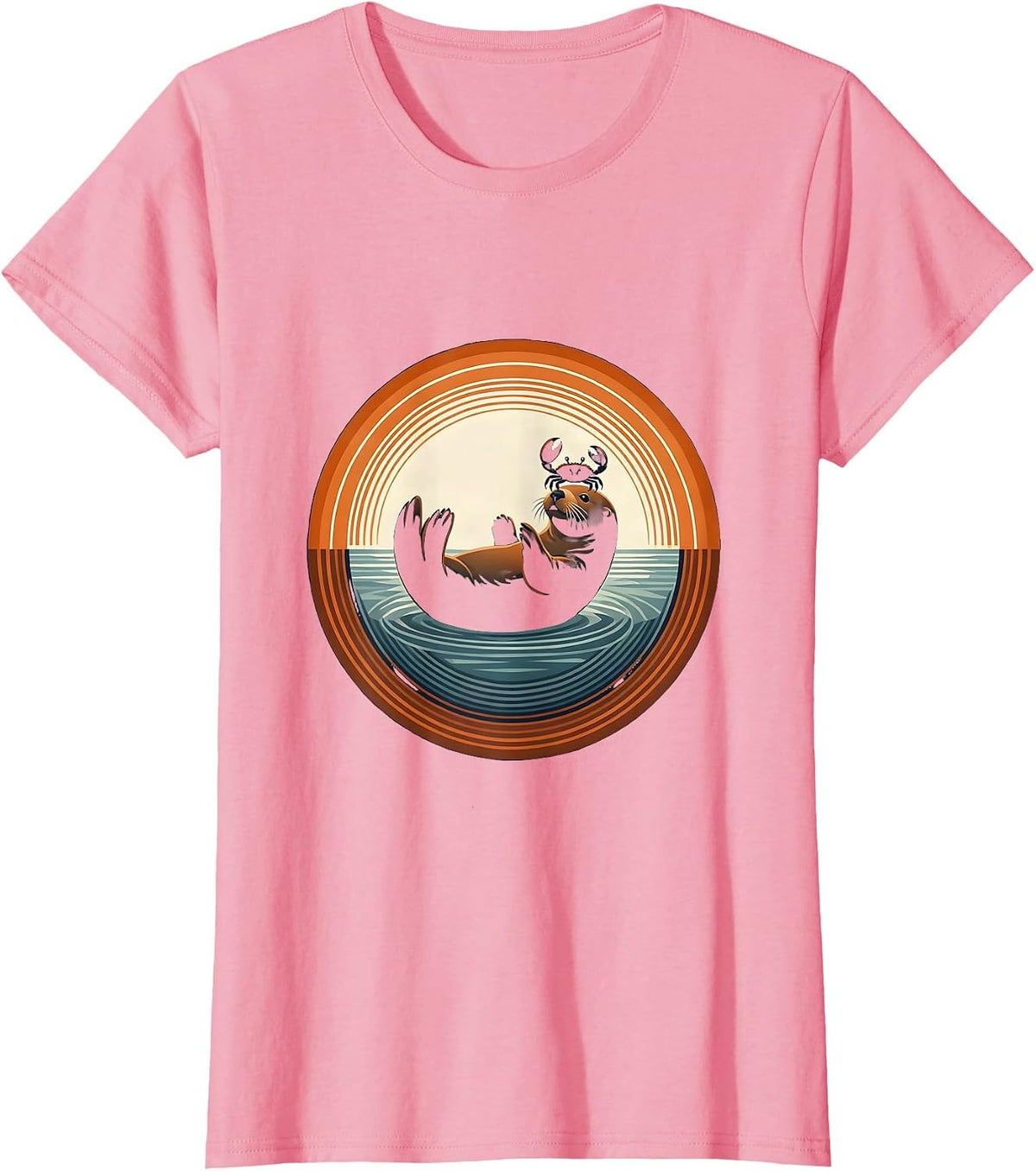 Women's Sea Otter Balancing Crab on Nose Illustration T-Shirt - Pink