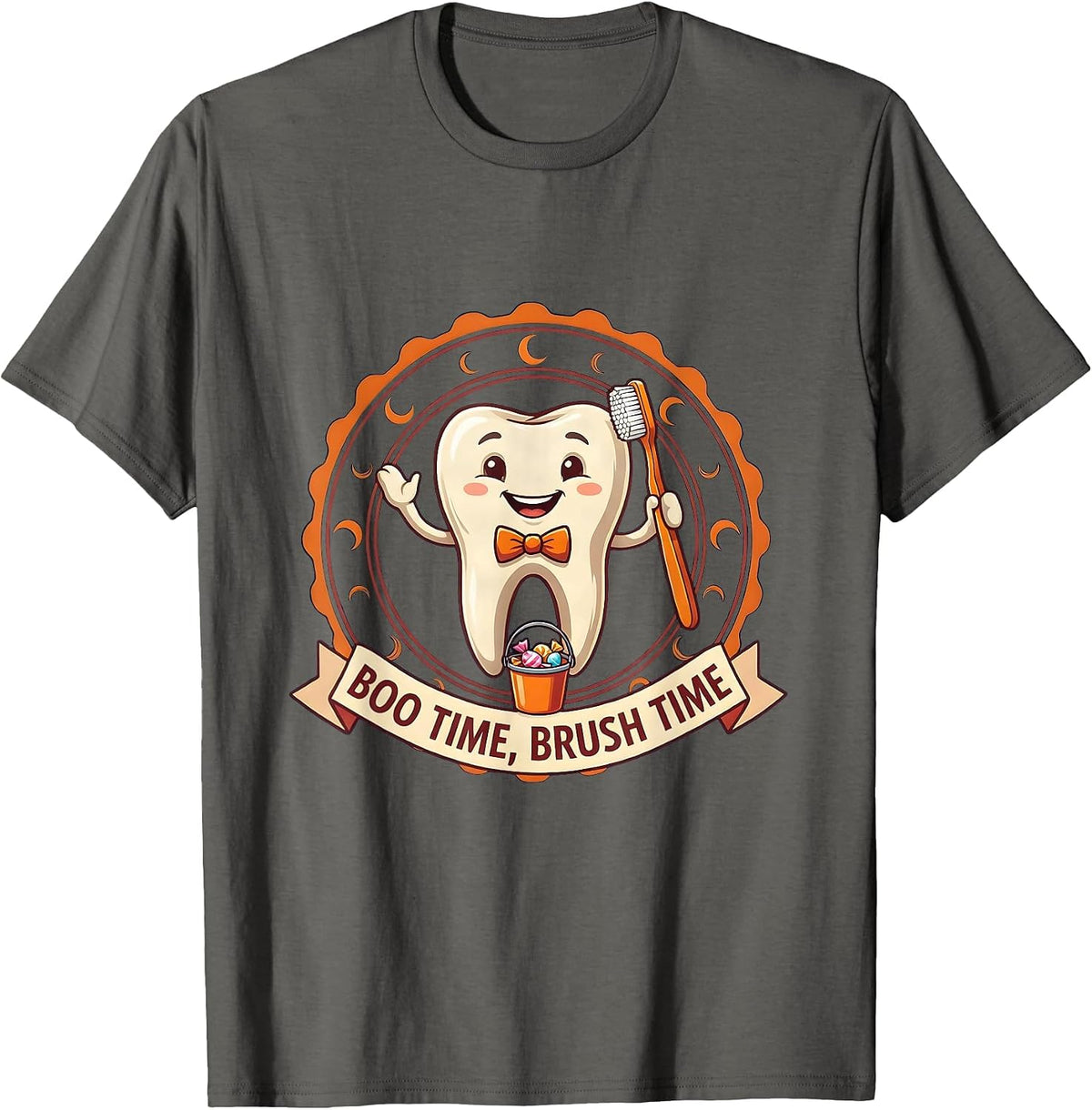 Men's Boo Time Brush Time Playful Halloween Dentist Dental Humor T-Shirt - Asphalt Grey