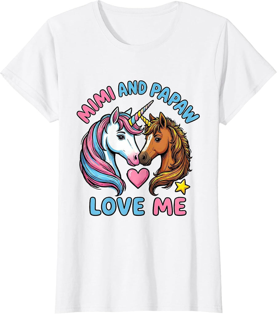Women's Mimi And Papaw Love Me Sentimental Unicorn Grandchild Gift T-Shirt - White