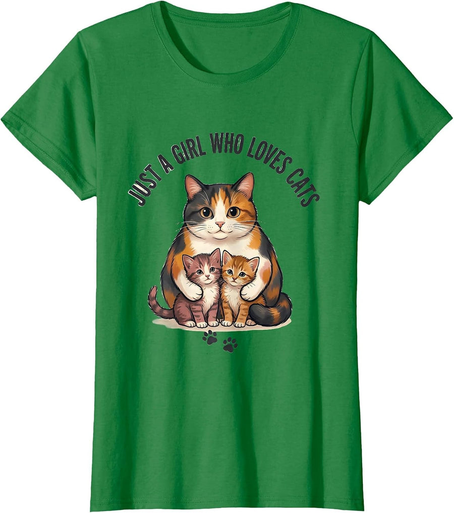 Women's Just A Girl Who Loves Cats Cute Cat Lover Kawaii Gift T-Shirt - Kelly Green
