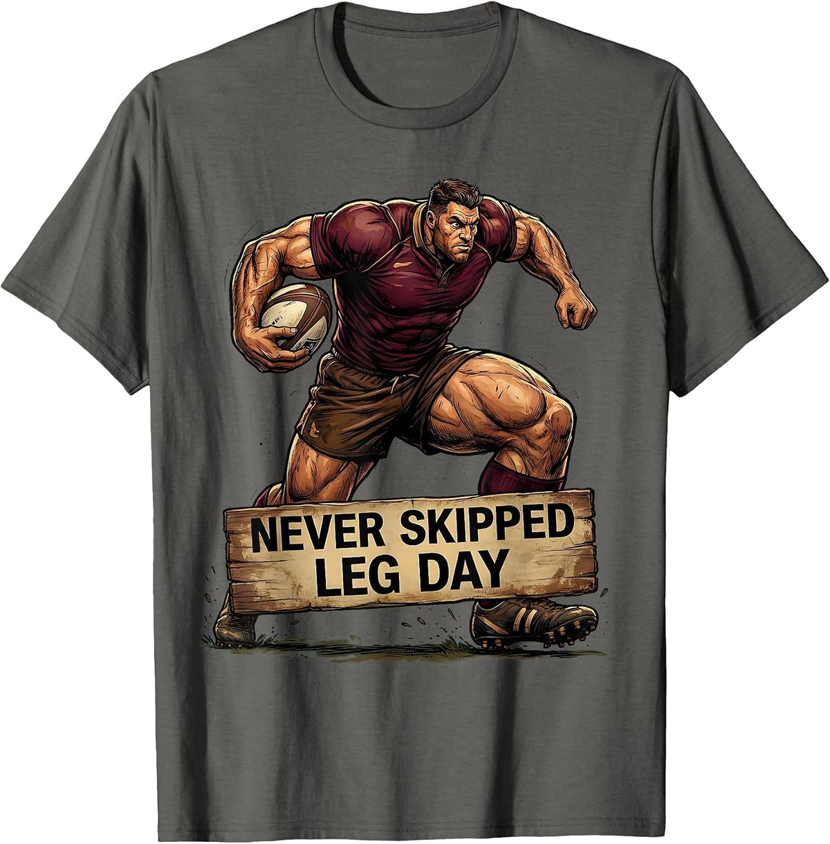 Never Skipped Leg Day Rugby Graphic Design T-Shirt - Asphalt Grey