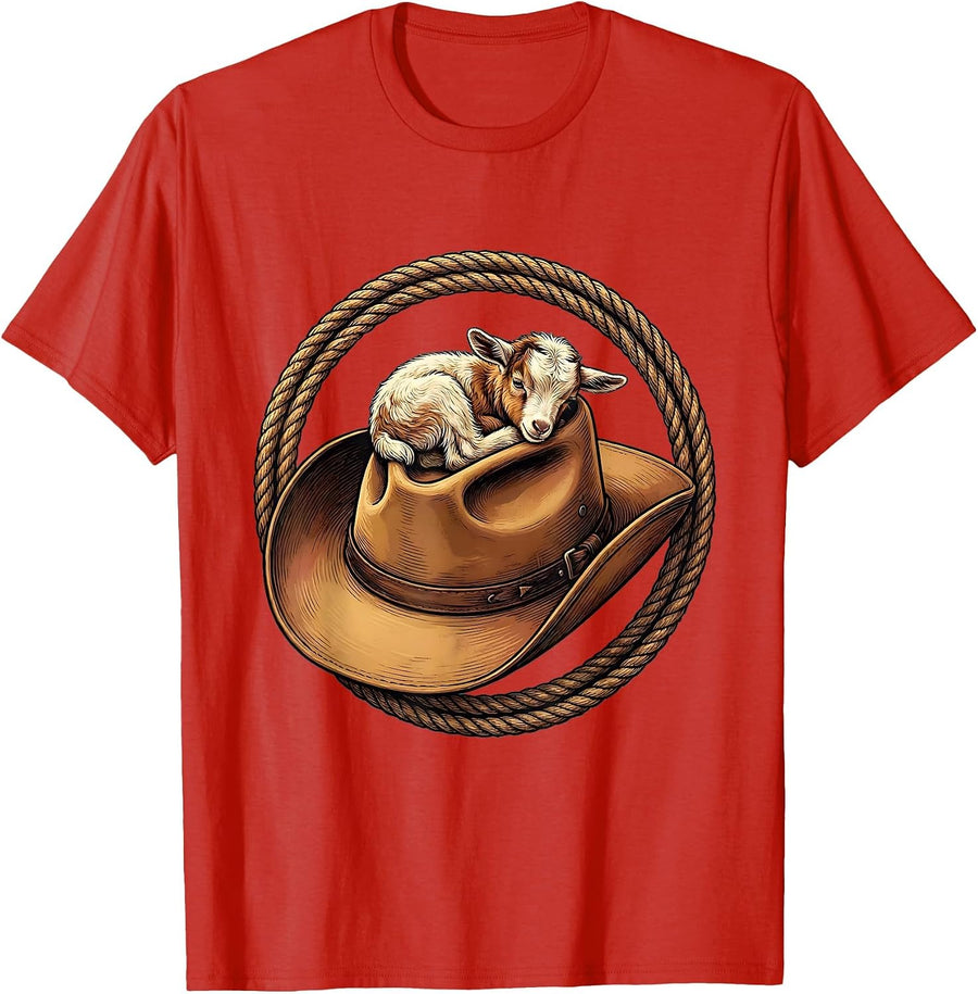 Men's Baby Goat Curled in Cowboy Hat Illustration T-Shirt - Red