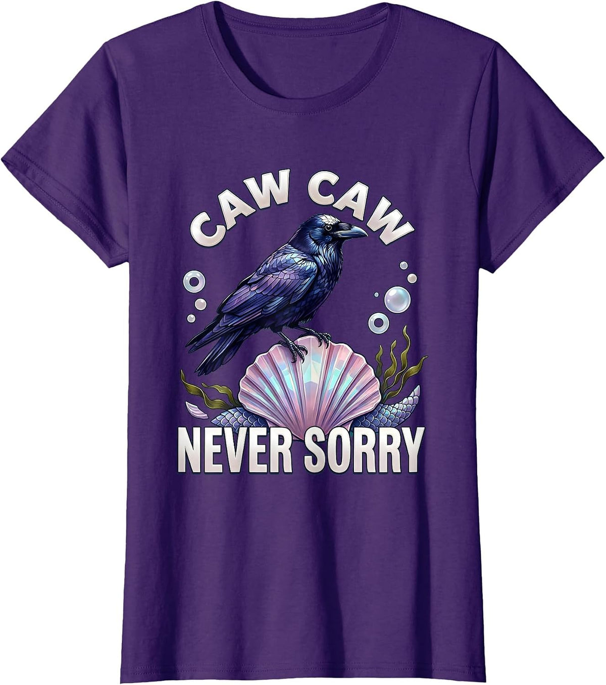 Women's Caw Caw Never Sorry Bold Crow Design T-Shirt - Purple