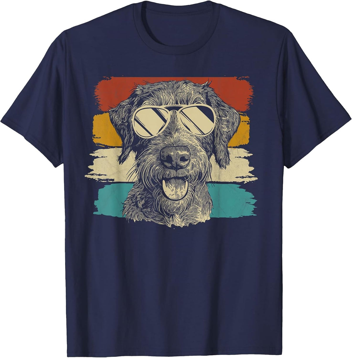 German Wirehaired Pointer with Sunglasses Retro T-Shirt - Navy Blue